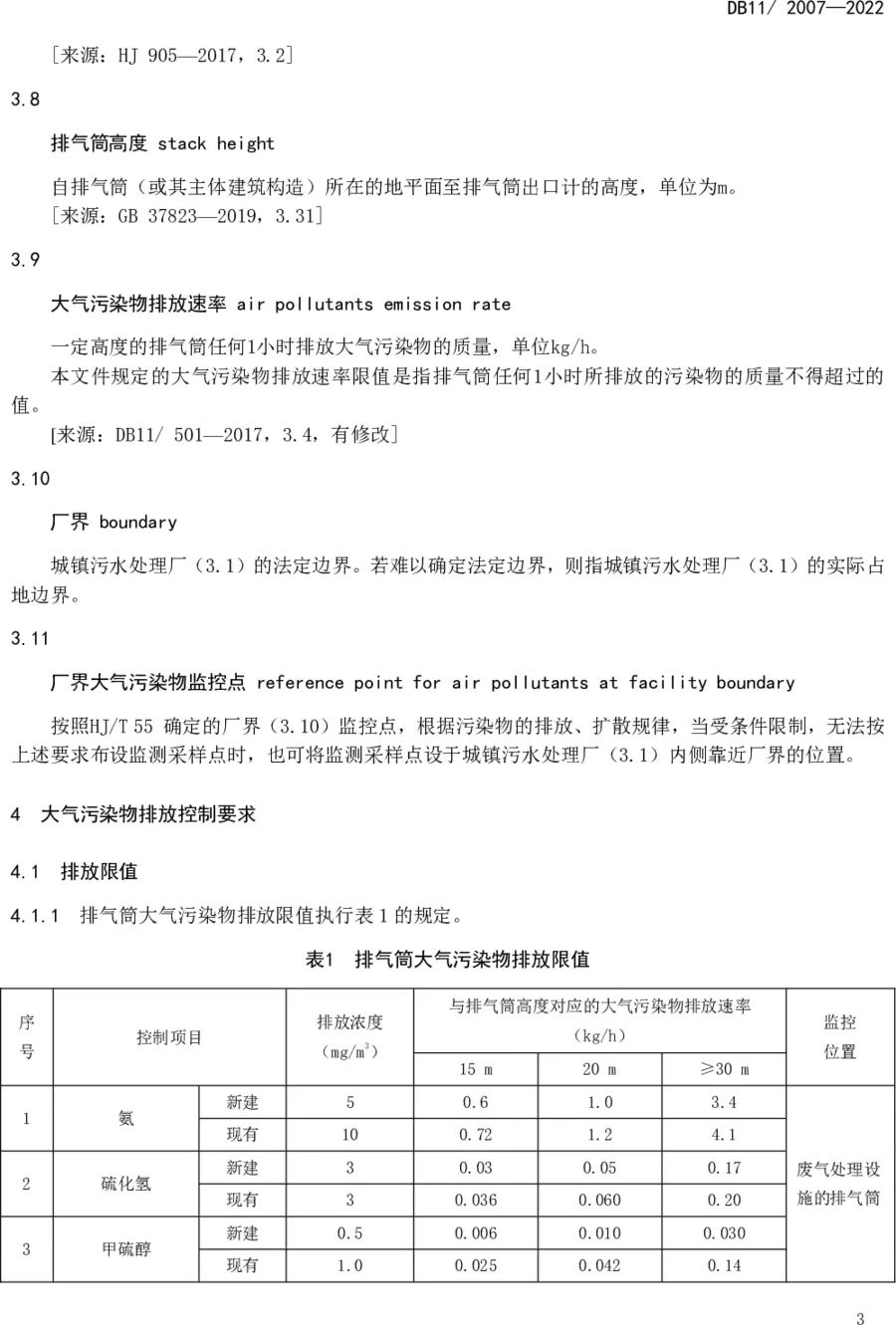 《城镇污水处理厂大气污染物排放标准》（DB11/ 2007-2022）